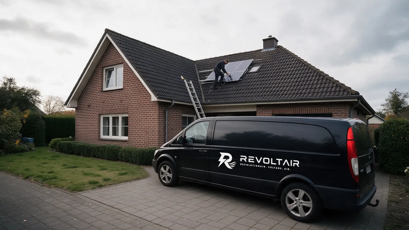 Bestelwagen van Revoltair bij een woning terwijl een monteur panelen plaatst