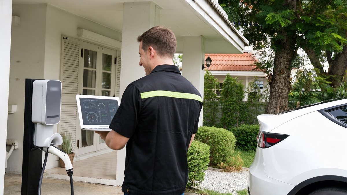 Technicus stelt een laadpaal in bij een wagen op de oprit
